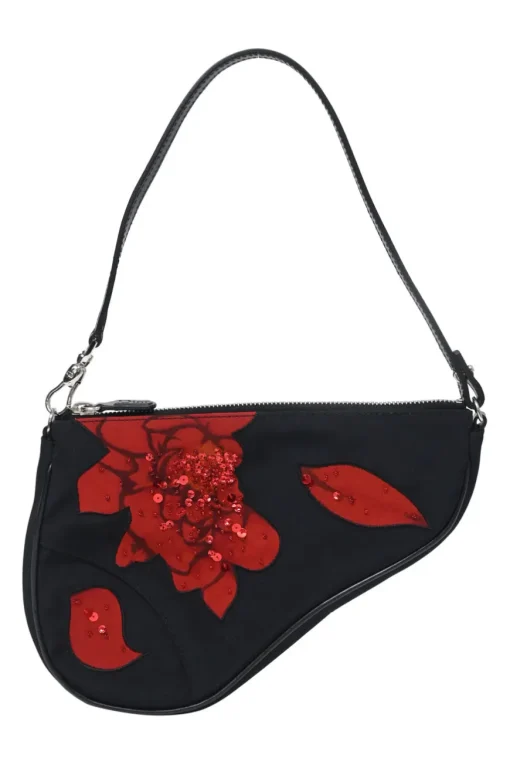 Limited Edition black nylon Saddle Pochette bag with red sequin-embellished floral appliqué
