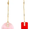 Long drop asymmetric earrings in white crystals, gold and resin