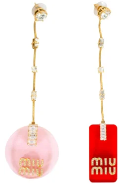 Long drop asymmetric earrings in white crystals, gold and resin