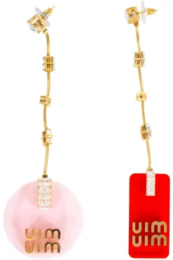 Long drop asymmetric earrings in white crystals, gold and resin
