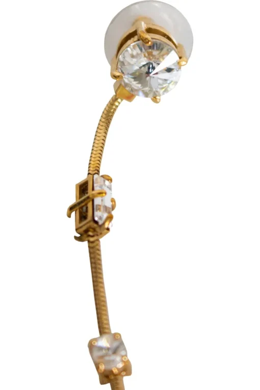 Long drop asymmetric earrings in white crystals, gold and resin