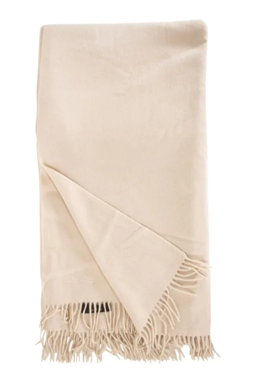 Loro Piana pure cashmere blanket wrap with fringes in beige with embroidered Loro Piana signature