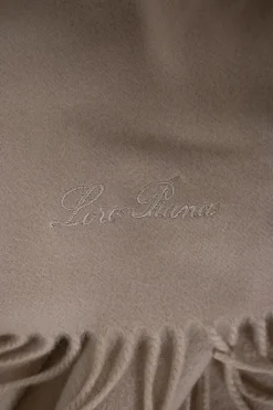 Loro Piana pure cashmere blanket wrap with fringes in beige with embroidered Loro Piana signature