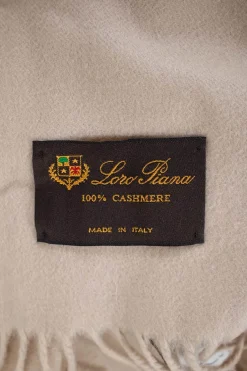 Loro Piana pure cashmere blanket wrap with fringes in beige with embroidered Loro Piana signature