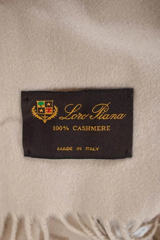 Loro Piana pure cashmere blanket wrap with fringes in beige with embroidered Loro Piana signature