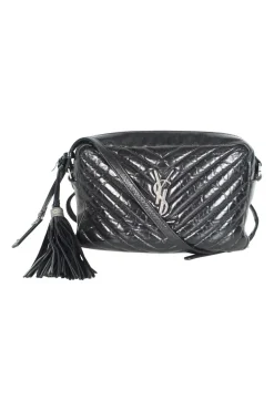 Lou camera bag; MONOGRAM SHOULDER BAG in wrinkled black leather with  AN ADJUSTABLE LEATHER STRAP.