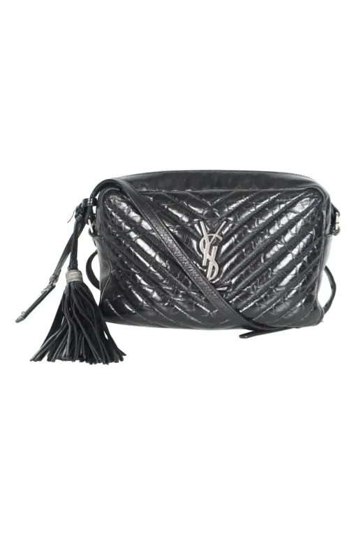 Lou camera bag; MONOGRAM SHOULDER BAG in wrinkled black leather with  AN ADJUSTABLE LEATHER STRAP.