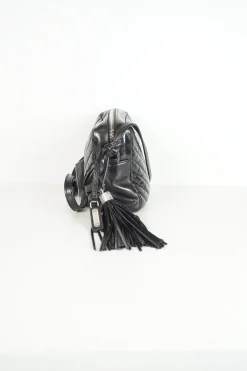 Lou camera bag; MONOGRAM SHOULDER BAG in wrinkled black leather with  AN ADJUSTABLE LEATHER STRAP.