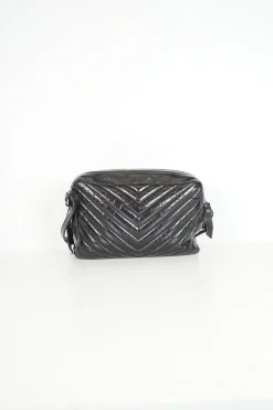 Lou camera bag; MONOGRAM SHOULDER BAG in wrinkled black leather with  AN ADJUSTABLE LEATHER STRAP.