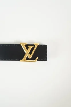 Louis Vuitton black New Wave leather belt with gold tone LV buckle
