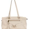 Louis Vuitton Empreinte monogram embossed calf leather bag in cream colour with zip closure. Rectangular shape with 2 shoulder straps. Bag has one external zipped pocket. Interior is fabric lined, with two side pockets, and a third on front panel. Gold toned hardware.