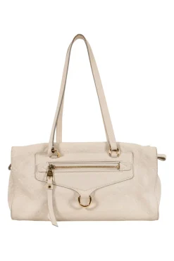 Louis Vuitton Empreinte monogram embossed calf leather bag in cream colour with zip closure. Rectangular shape with 2 shoulder straps. Bag has one external zipped pocket. Interior is fabric lined, with two side pockets, and a third on front panel. Gold toned hardware.