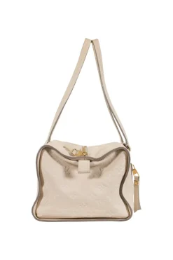 Louis Vuitton Empreinte monogram embossed calf leather bag in cream colour with zip closure. Rectangular shape with 2 shoulder straps. Bag has one external zipped pocket. Interior is fabric lined, with two side pockets, and a third on front panel. Gold toned hardware.