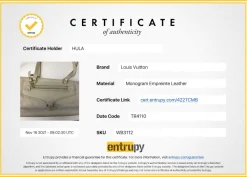Louis Vuitton Empreinte monogram embossed calf leather bag in cream colour with zip closure. Rectangular shape with 2 shoulder straps. Bag has one external zipped pocket. Interior is fabric lined, with two side pockets, and a third on front panel. Gold toned hardware.
