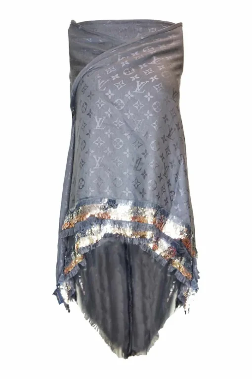 Louis Vuitton grey The Party monogram triangle silk/wool shawl with sequin and fringes