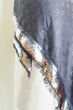 Louis Vuitton grey The Party monogram triangle silk/wool shawl with sequin and fringes