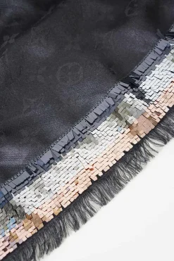 Louis Vuitton grey The Party monogram triangle silk/wool shawl with sequin and fringes