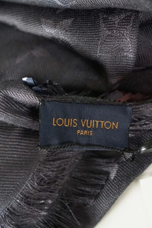 Louis Vuitton grey The Party monogram triangle silk/wool shawl with sequin and fringes