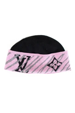 Louis Vuitton wool hat in black with pink and silver turn up and monogram signature