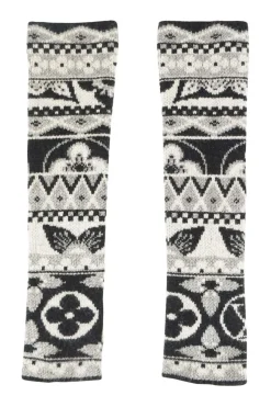 Louis Vuitton wool/cashmere fingerless long gloves in black, grey and silver with Monogram flower &amp; signature. Hole for thumb