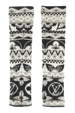 Louis Vuitton wool/cashmere fingerless long gloves in black, grey and silver with Monogram flower &amp; signature. Hole for thumb
