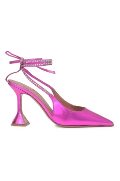 Magenta strass-embellished foiled lambskin Karma pointed-toe slingback pumps with ankle wrap tie fastening and sculpted Martini heels