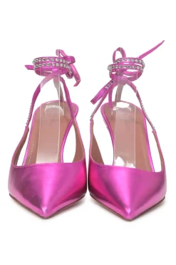 Magenta strass-embellished foiled lambskin Karma pointed-toe slingback pumps with ankle wrap tie fastening and sculpted Martini heels