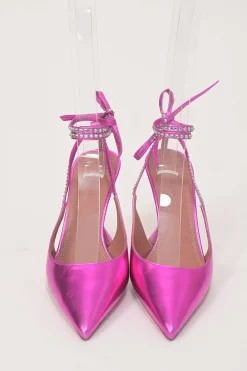 Magenta strass-embellished foiled lambskin Karma pointed-toe slingback pumps with ankle wrap tie fastening and sculpted Martini heels