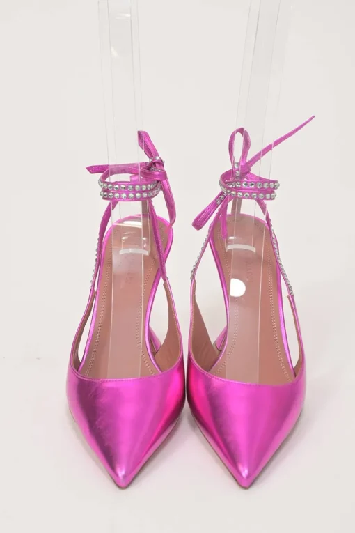 Magenta strass-embellished foiled lambskin Karma pointed-toe slingback pumps with ankle wrap tie fastening and sculpted Martini heels