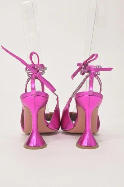 Magenta strass-embellished foiled lambskin Karma pointed-toe slingback pumps with ankle wrap tie fastening and sculpted Martini heels