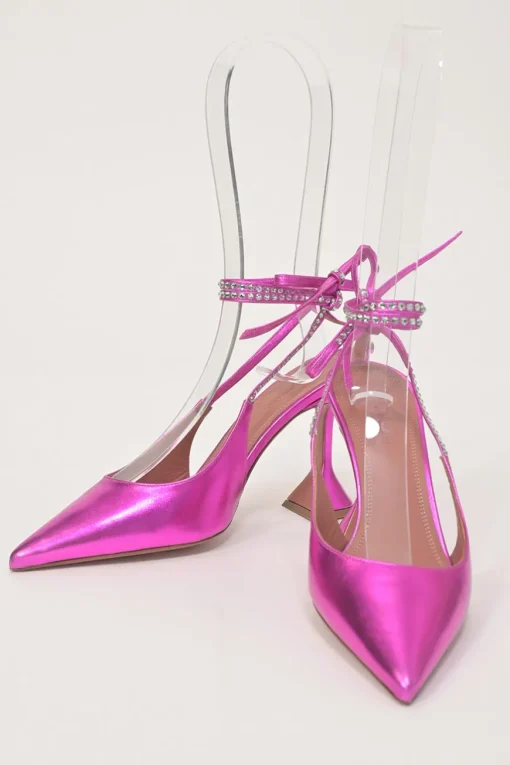 Magenta strass-embellished foiled lambskin Karma pointed-toe slingback pumps with ankle wrap tie fastening and sculpted Martini heels