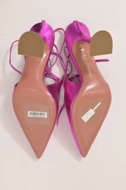 Magenta strass-embellished foiled lambskin Karma pointed-toe slingback pumps with ankle wrap tie fastening and sculpted Martini heels