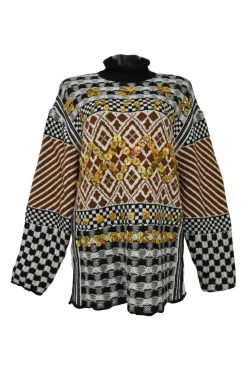 Maille brown and black mixed-media patchwork knit drop-shoulder oversized turtleneck sweater featuring decorative button appliqué
