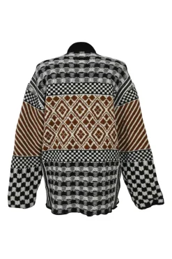 Maille brown and black mixed-media patchwork knit drop-shoulder oversized turtleneck sweater featuring decorative button appliqué