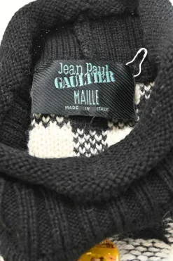 Maille brown and black mixed-media patchwork knit drop-shoulder oversized turtleneck sweater featuring decorative button appliqué