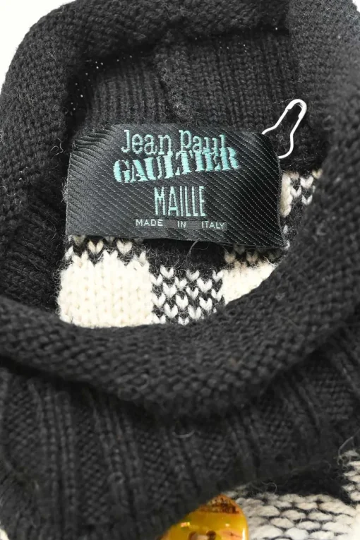 Maille brown and black mixed-media patchwork knit drop-shoulder oversized turtleneck sweater featuring decorative button appliqué