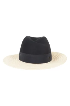 Maison Michel black wool crown and grosgrain ribbon with beige straw brim hat