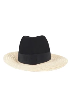 Maison Michel black wool crown and grosgrain ribbon with beige straw brim hat