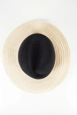 Maison Michel black wool crown and grosgrain ribbon with beige straw brim hat