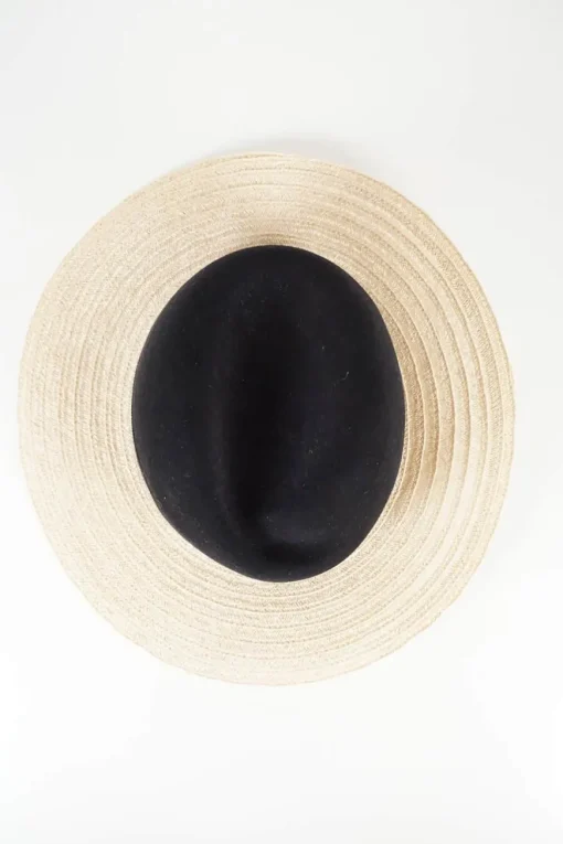 Maison Michel black wool crown and grosgrain ribbon with beige straw brim hat