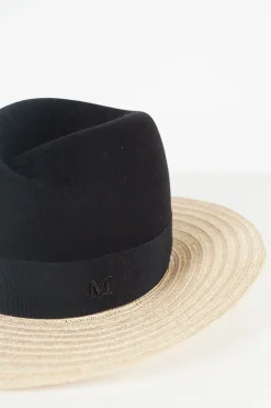 Maison Michel black wool crown and grosgrain ribbon with beige straw brim hat