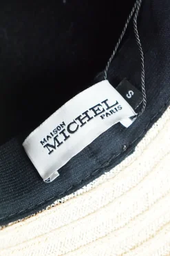 Maison Michel black wool crown and grosgrain ribbon with beige straw brim hat