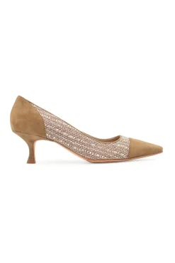 Manolo Blahnik 5.5cm low heel pointy pumps in khaki suede with sides in white and khaki tweed