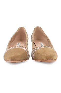 Manolo Blahnik 5.5cm low heel pointy pumps in khaki suede with sides in white and khaki tweed