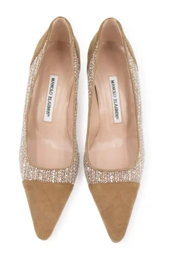Manolo Blahnik 5.5cm low heel pointy pumps in khaki suede with sides in white and khaki tweed
