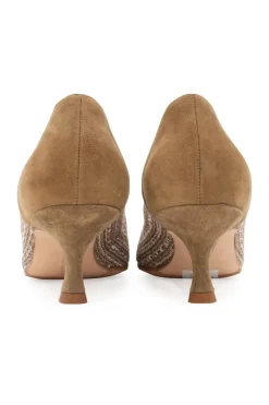 Manolo Blahnik 5.5cm low heel pointy pumps in khaki suede with sides in white and khaki tweed