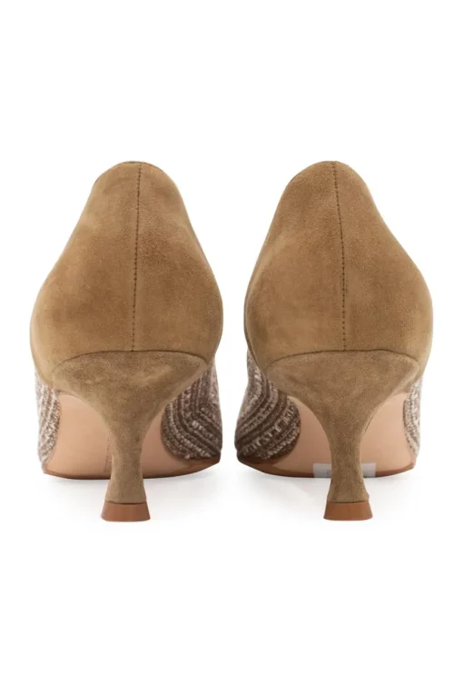 Manolo Blahnik 5.5cm low heel pointy pumps in khaki suede with sides in white and khaki tweed
