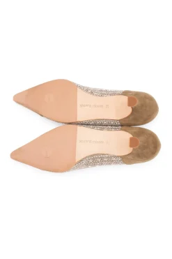 Manolo Blahnik 5.5cm low heel pointy pumps in khaki suede with sides in white and khaki tweed
