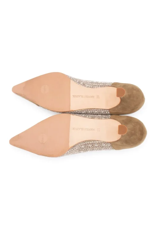 Manolo Blahnik 5.5cm low heel pointy pumps in khaki suede with sides in white and khaki tweed