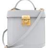Mark Cross box bag with lid and handle, and push clasp in pebbled grey leather. Removable shoulder strap for cross body carry